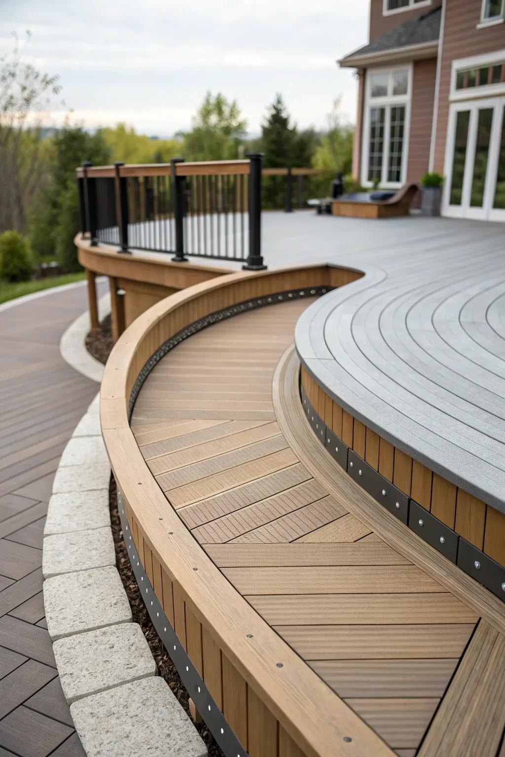 A mix of materials adds character to the curved deck.