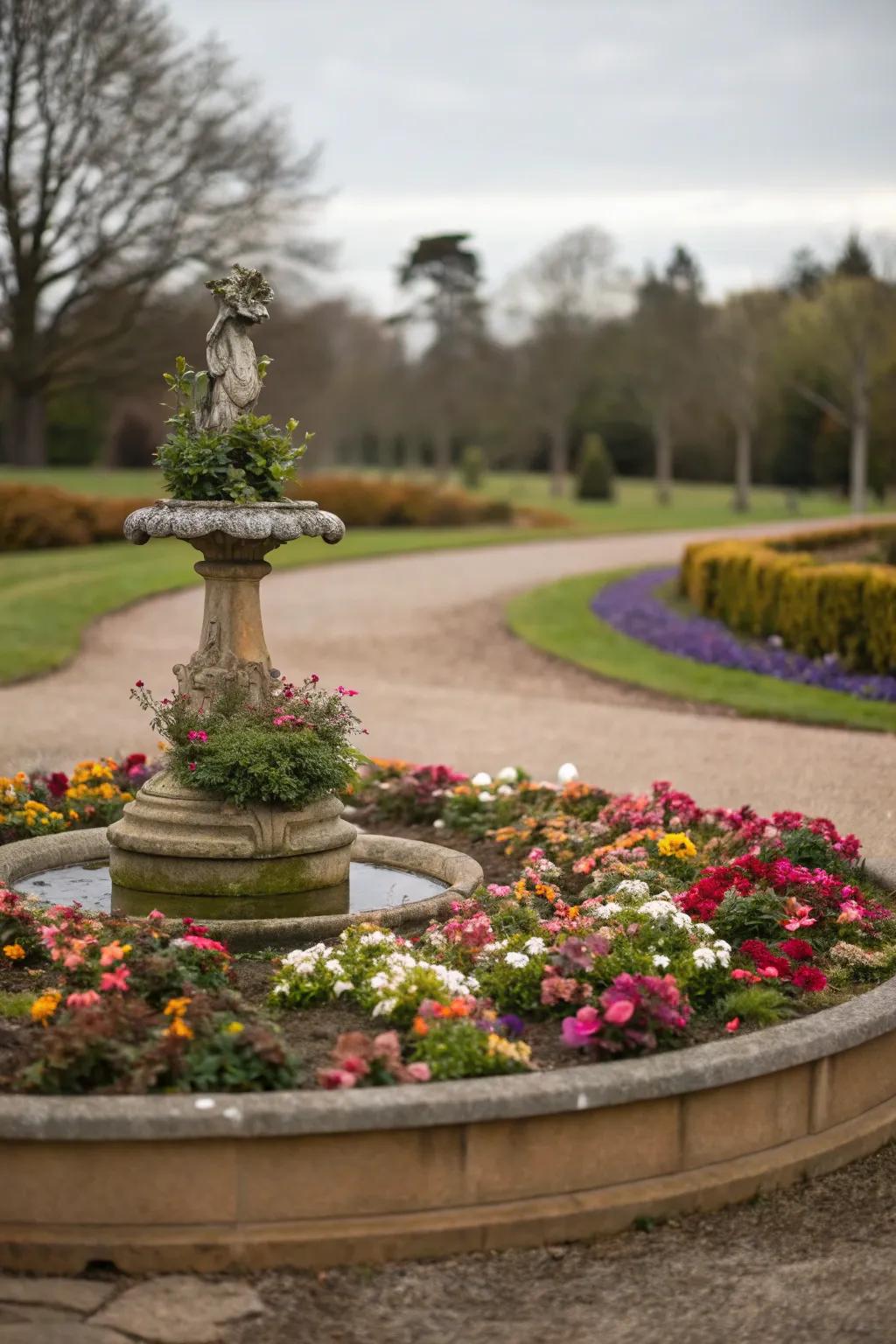 Circular flower beds create eye-catching focal points.