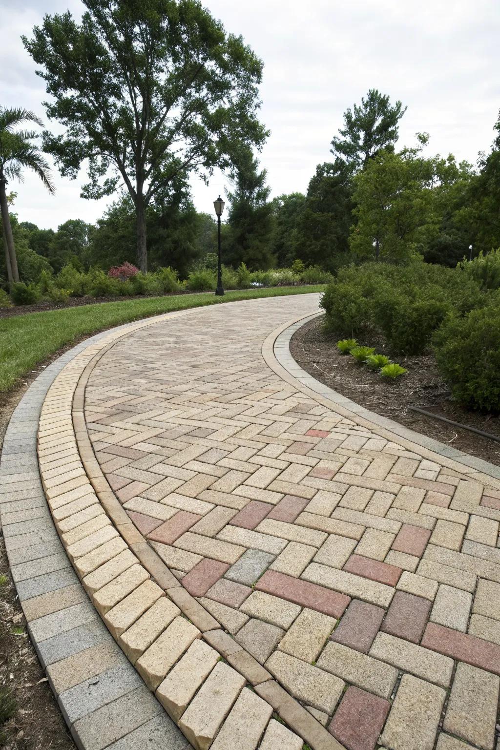 A curved walkway with a herringbone pattern made from pavers.