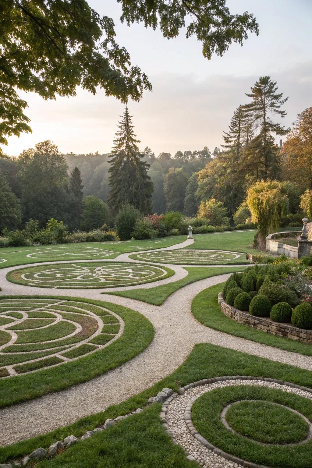 Overlapping circles create a playful, dynamic garden design.