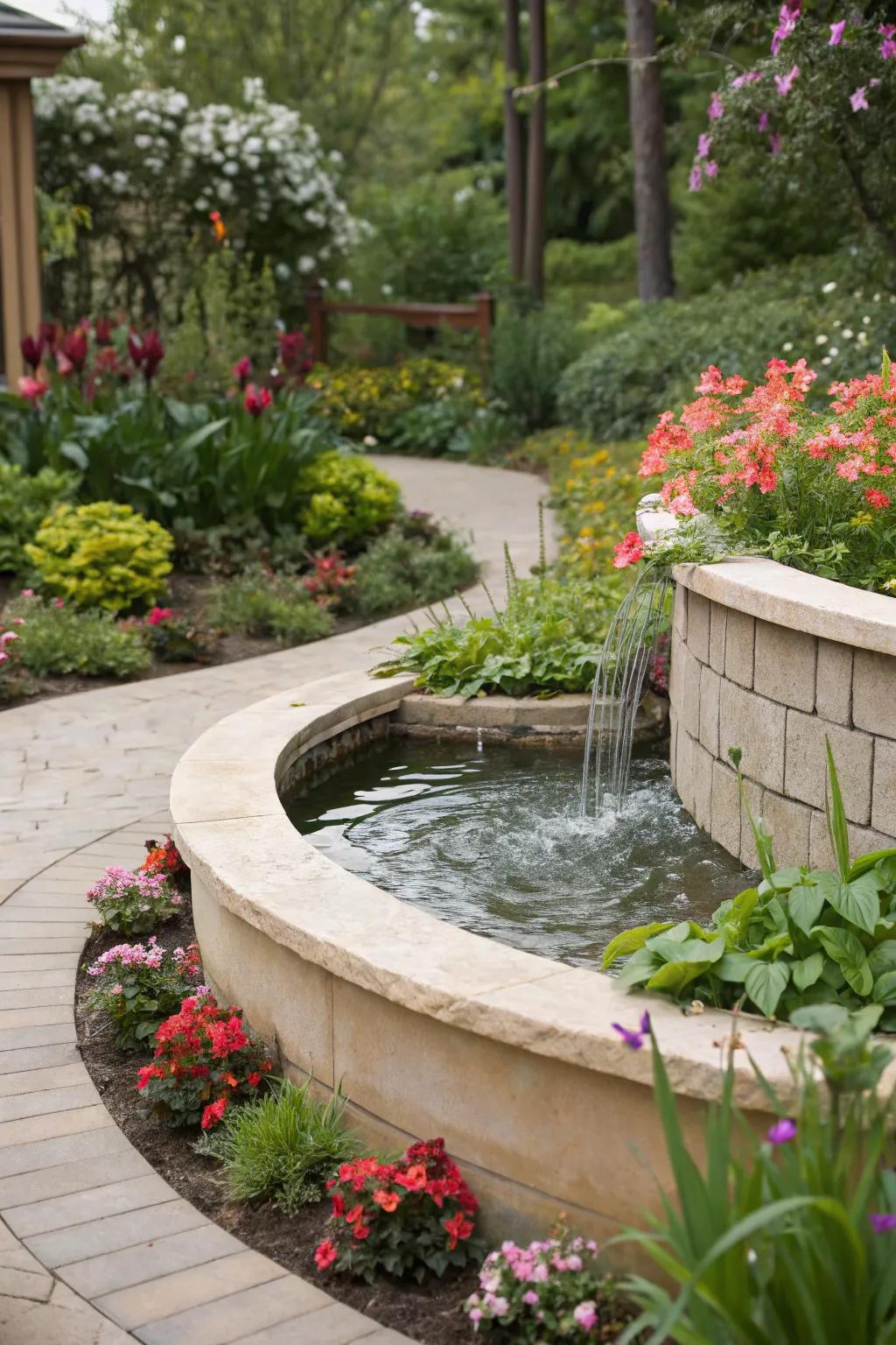 Water features bring tranquility to your curved garden designs.