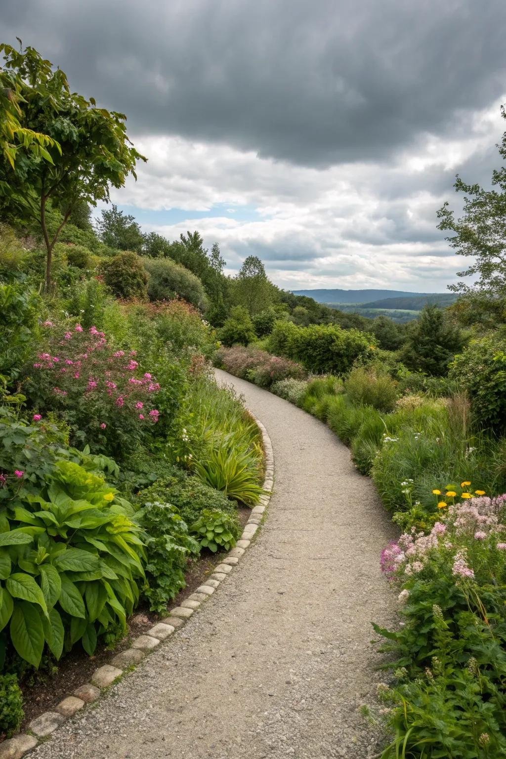 Rustic charm with a gravel path.