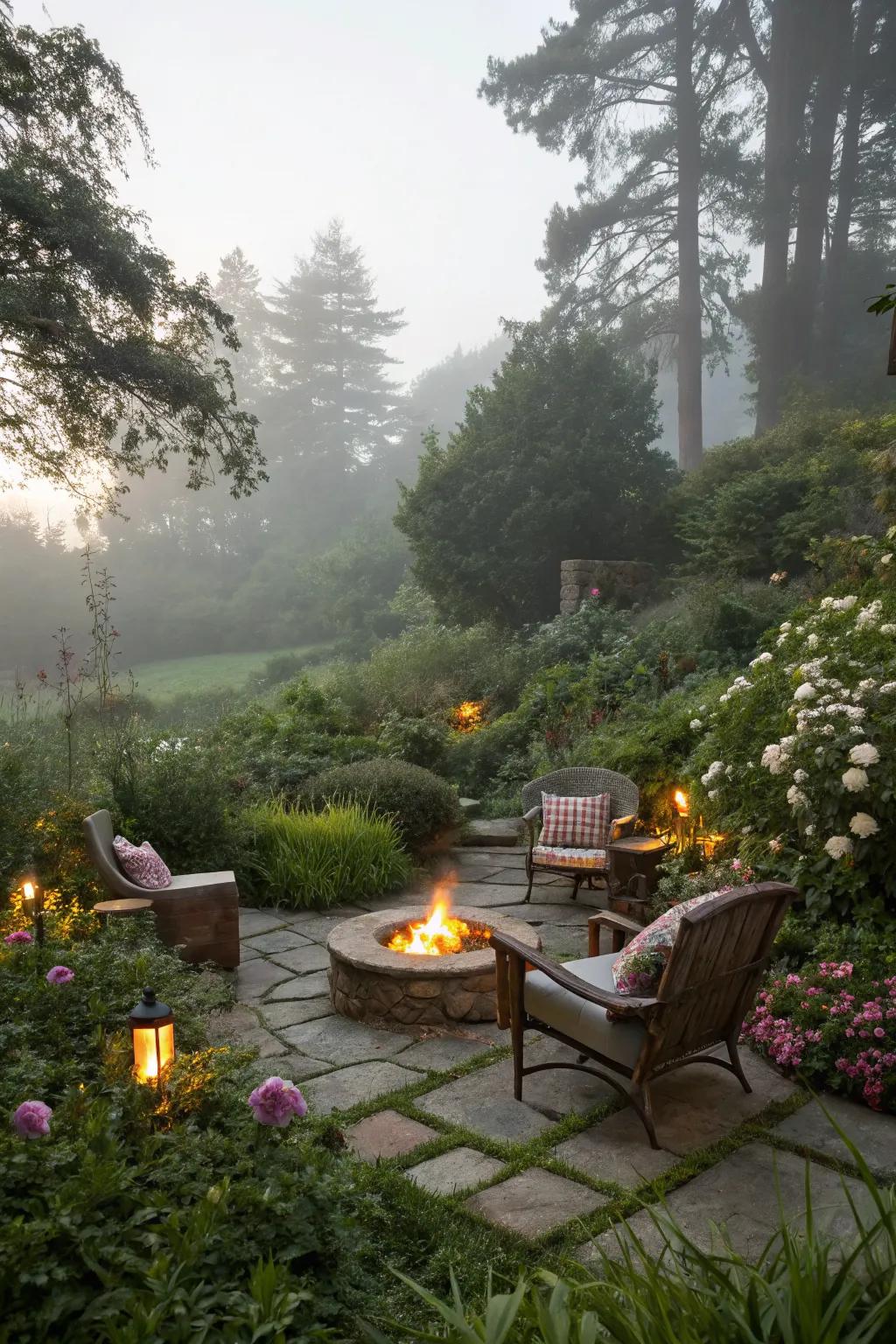 A secluded fire pit corner offers a perfect retreat for intimate gatherings.