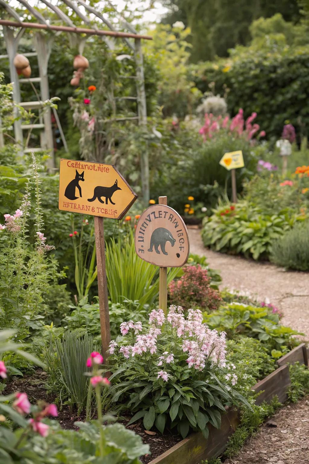 Bring playful charm to your garden with whimsical animal signs.