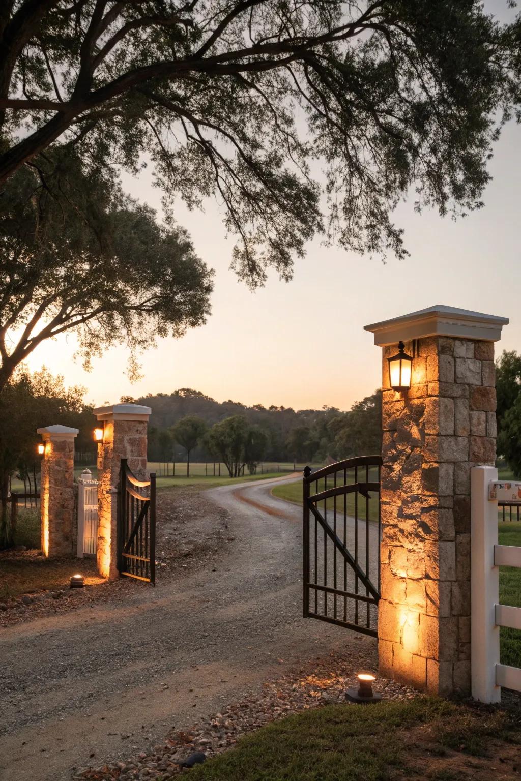 Integrated lighting enhances the charm and safety of this ranch gate.