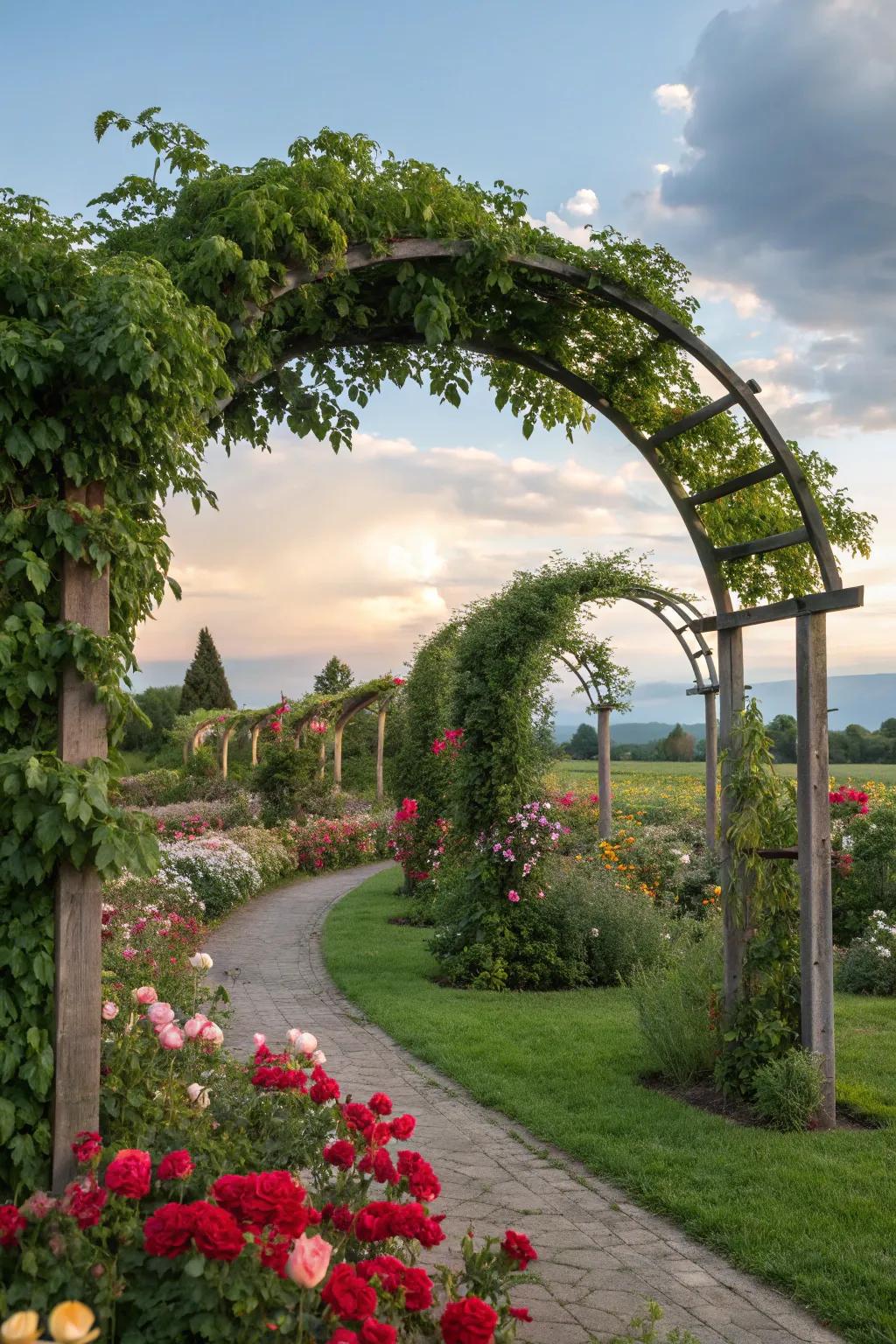 A garden featuring arches that support climbing flowers, adding structural interest.