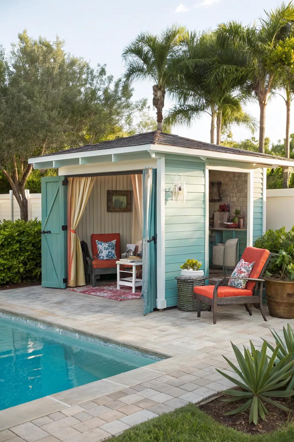 A poolside cabana with seating and storage for pool accessories.