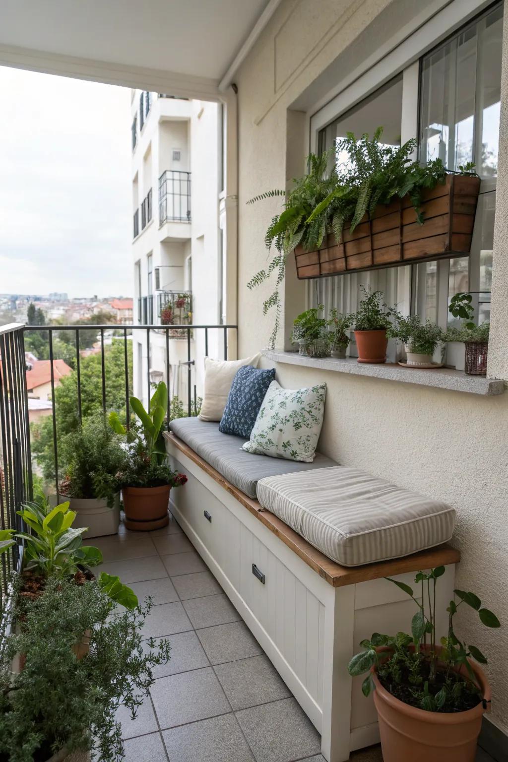 A small balcony featuring a storage bench that doubles as seating.