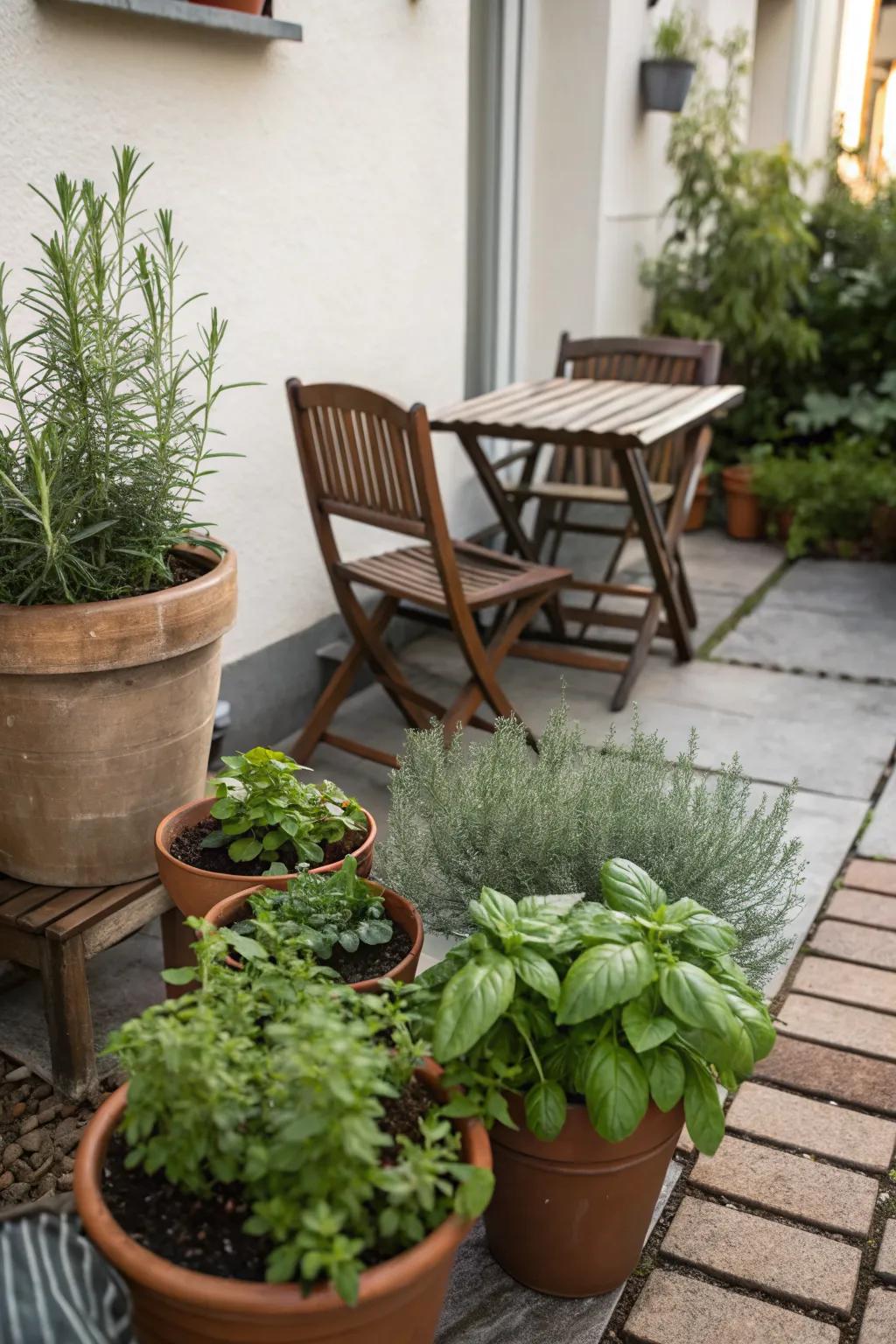 A potted herb garden adds functionality and freshness