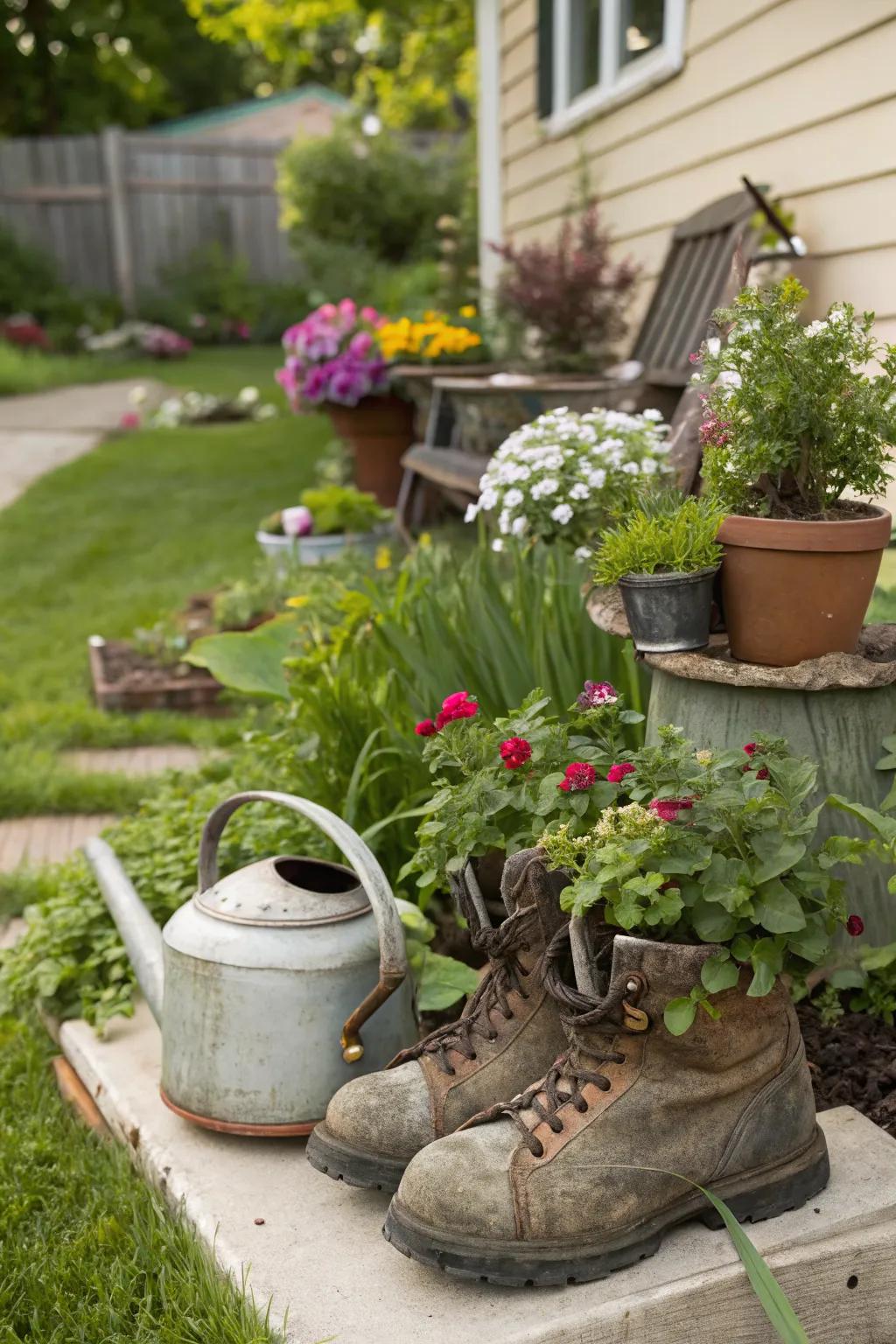 Unexpected containers add humor and character to the garden.