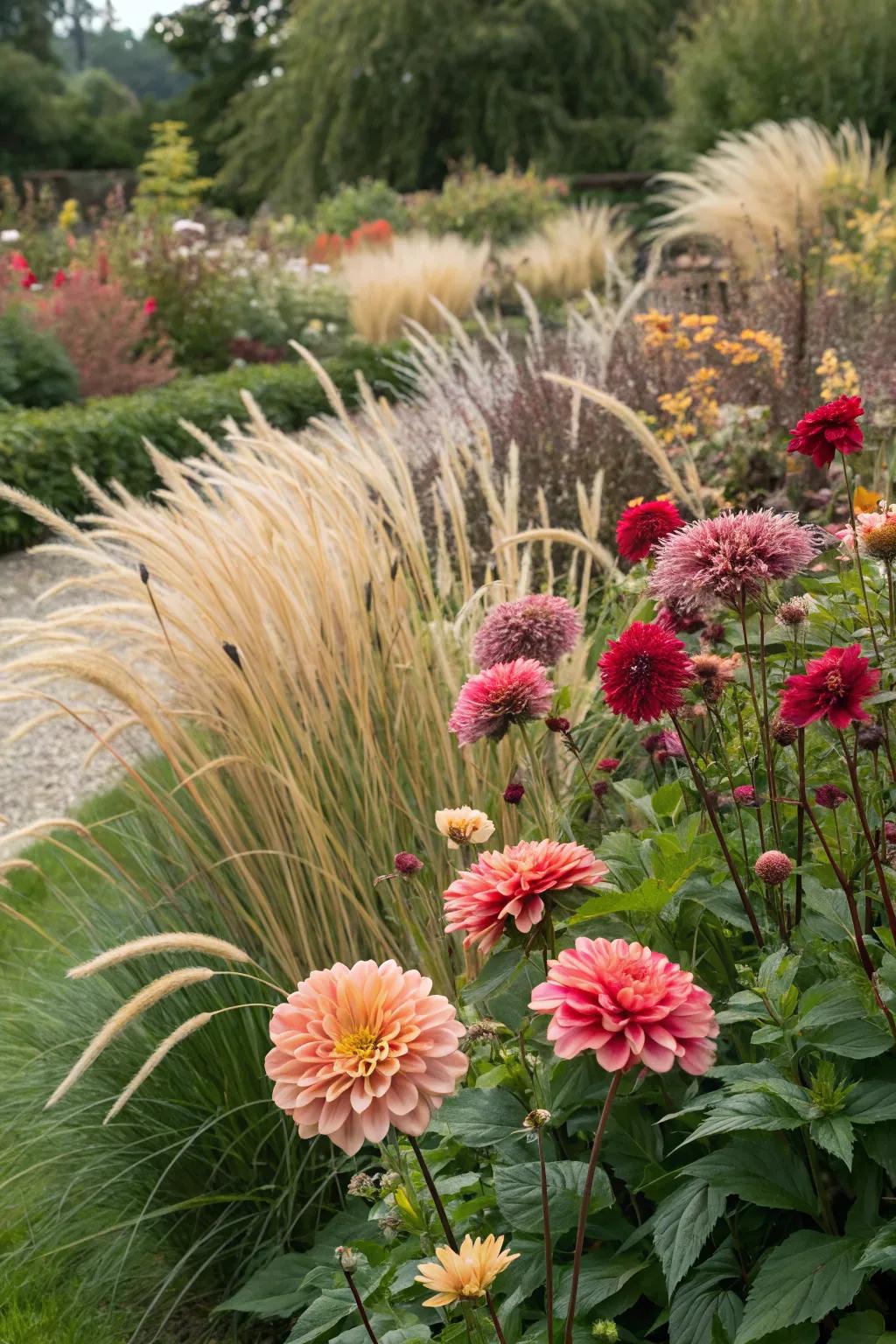 Contrasting textures bring depth and interest to dahlia gardens.