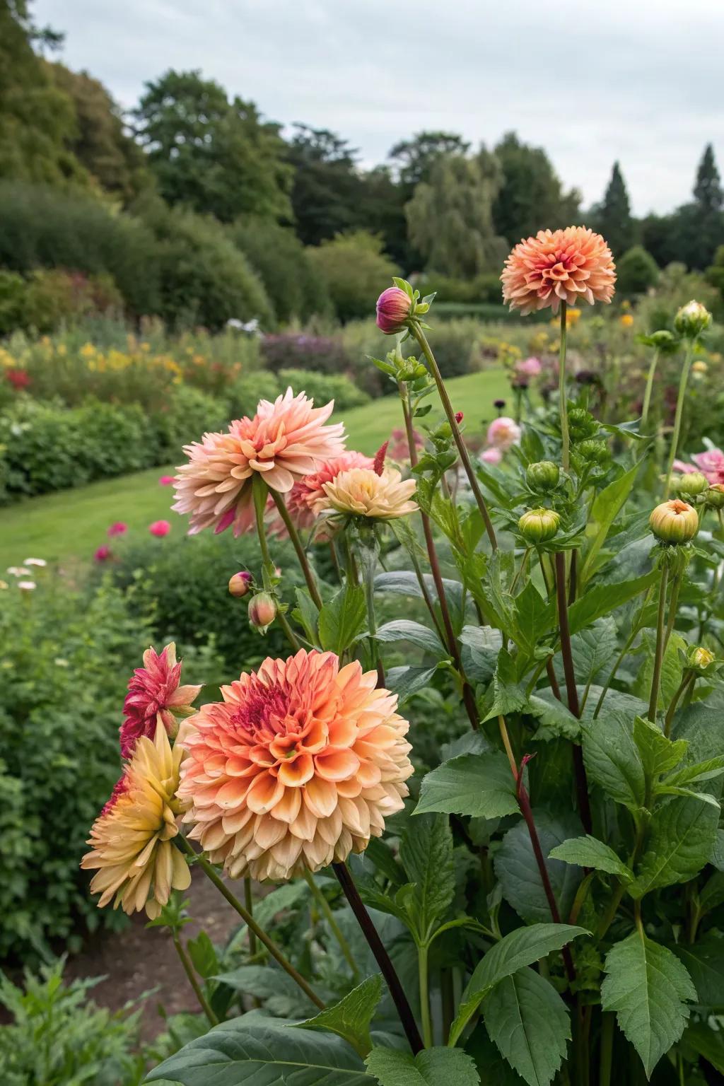 Dahlias thriving in a natural garden setting.
