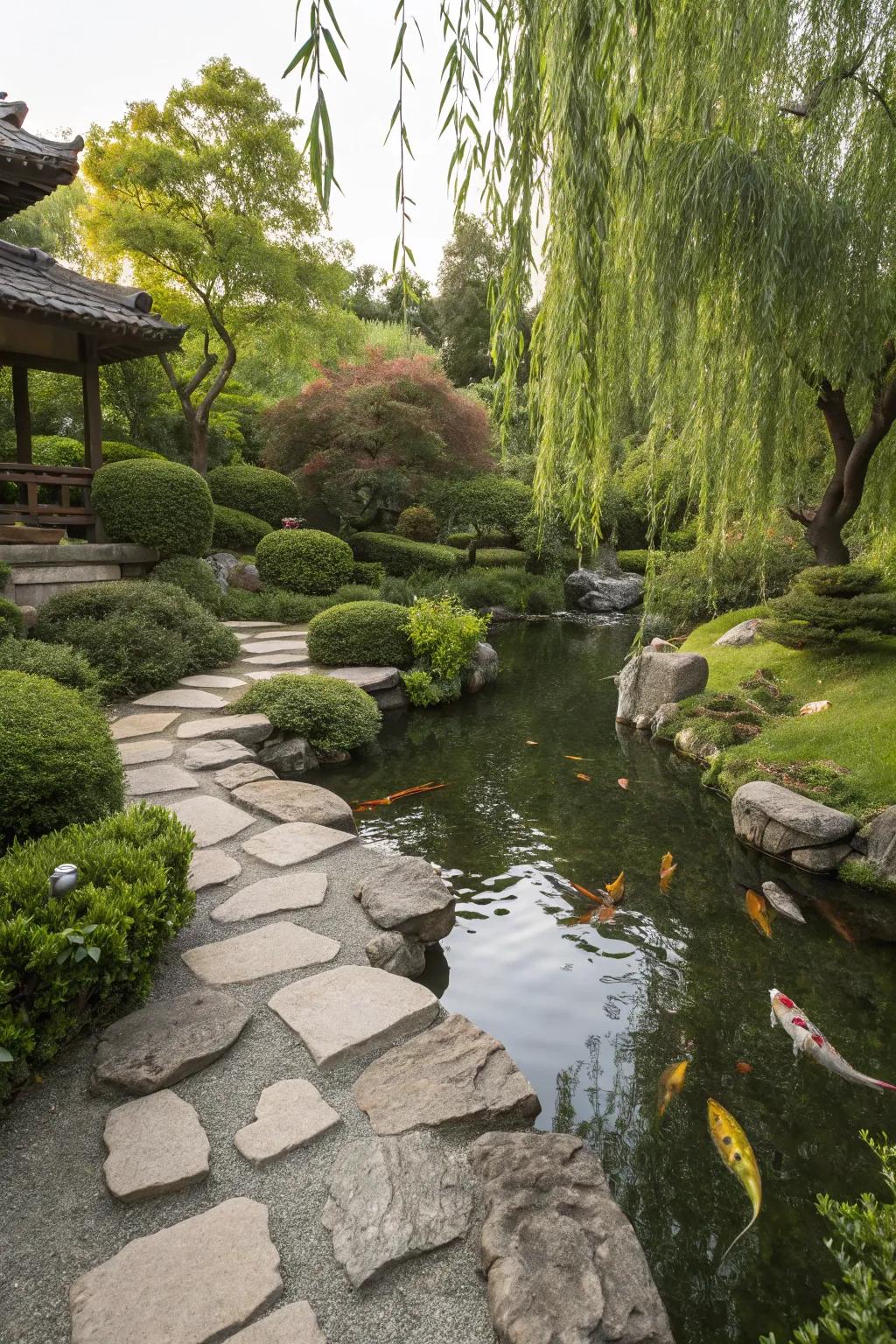 Dappled willow enhances the serenity of a Japanese garden.