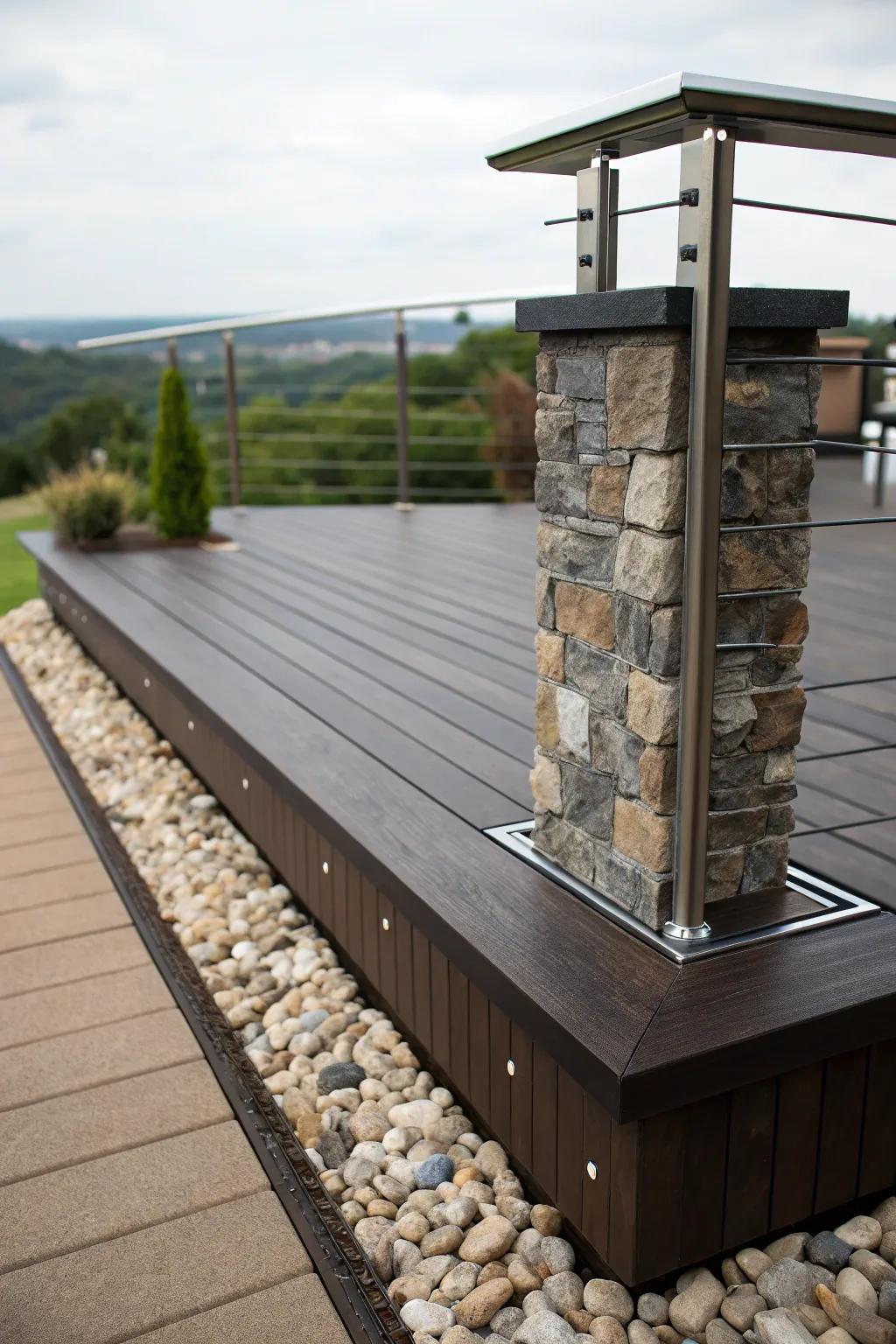 A creative blend of wood, metal, and stone for a stunning deck look.