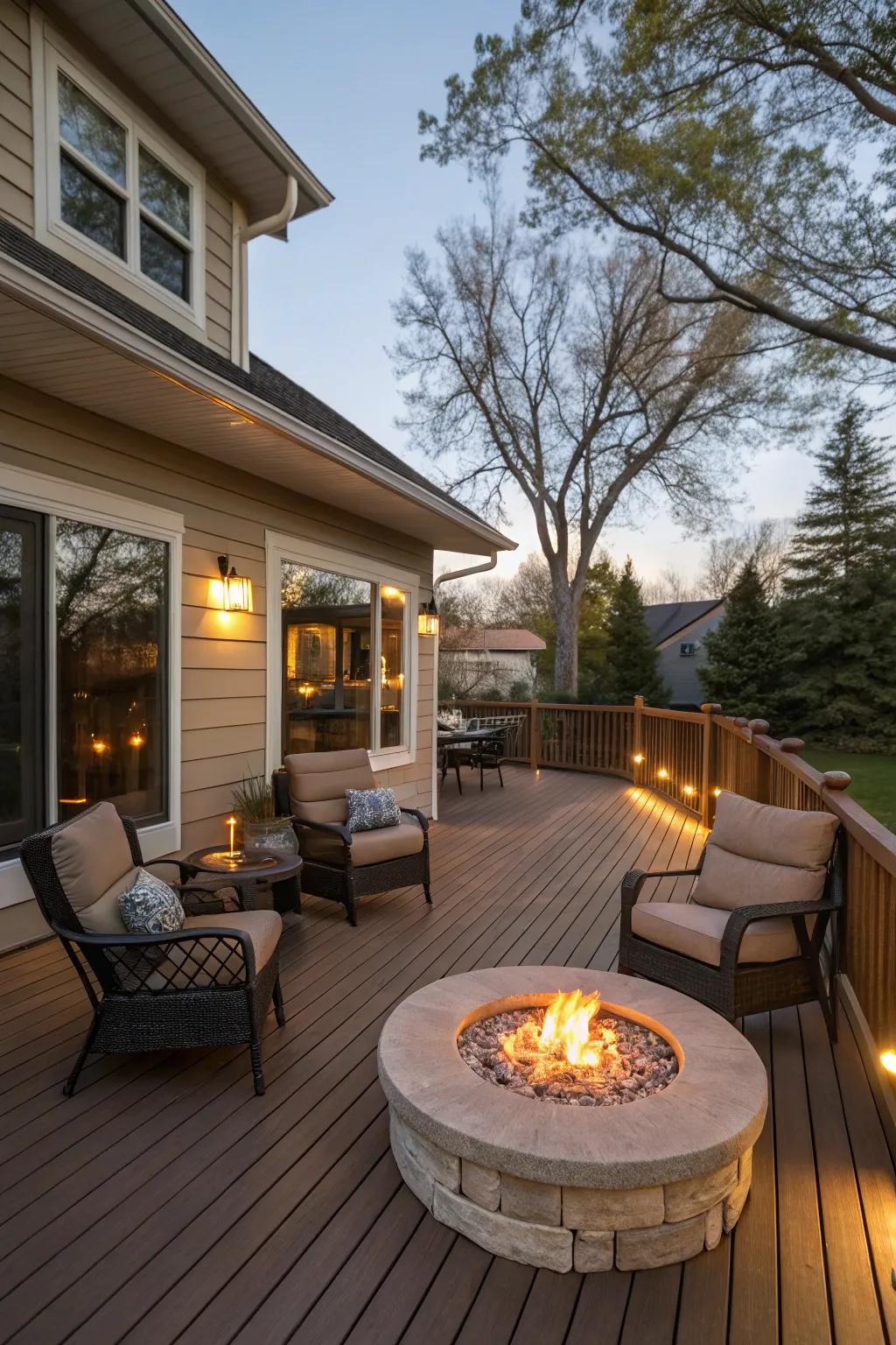 A cozy fire pit serves as a focal point on this deck.
