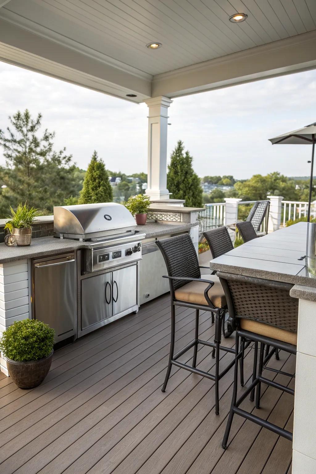 An outdoor kitchen makes deck entertaining effortless.