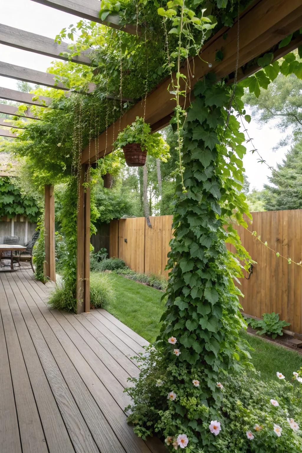 An enchanted garden deck with lush greenery and climbing vines.
