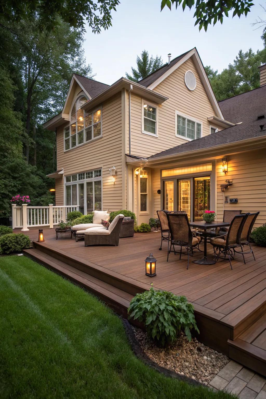 Mocha brown decks add a rich contrast and sophistication.