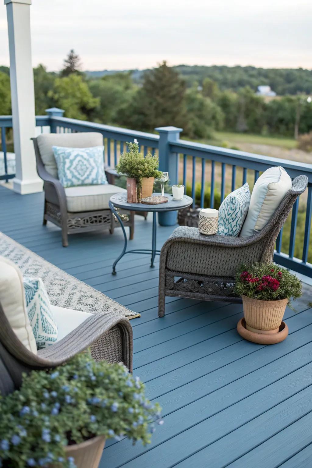 A slate blue deck providing a refreshing and cool outdoor ambiance.