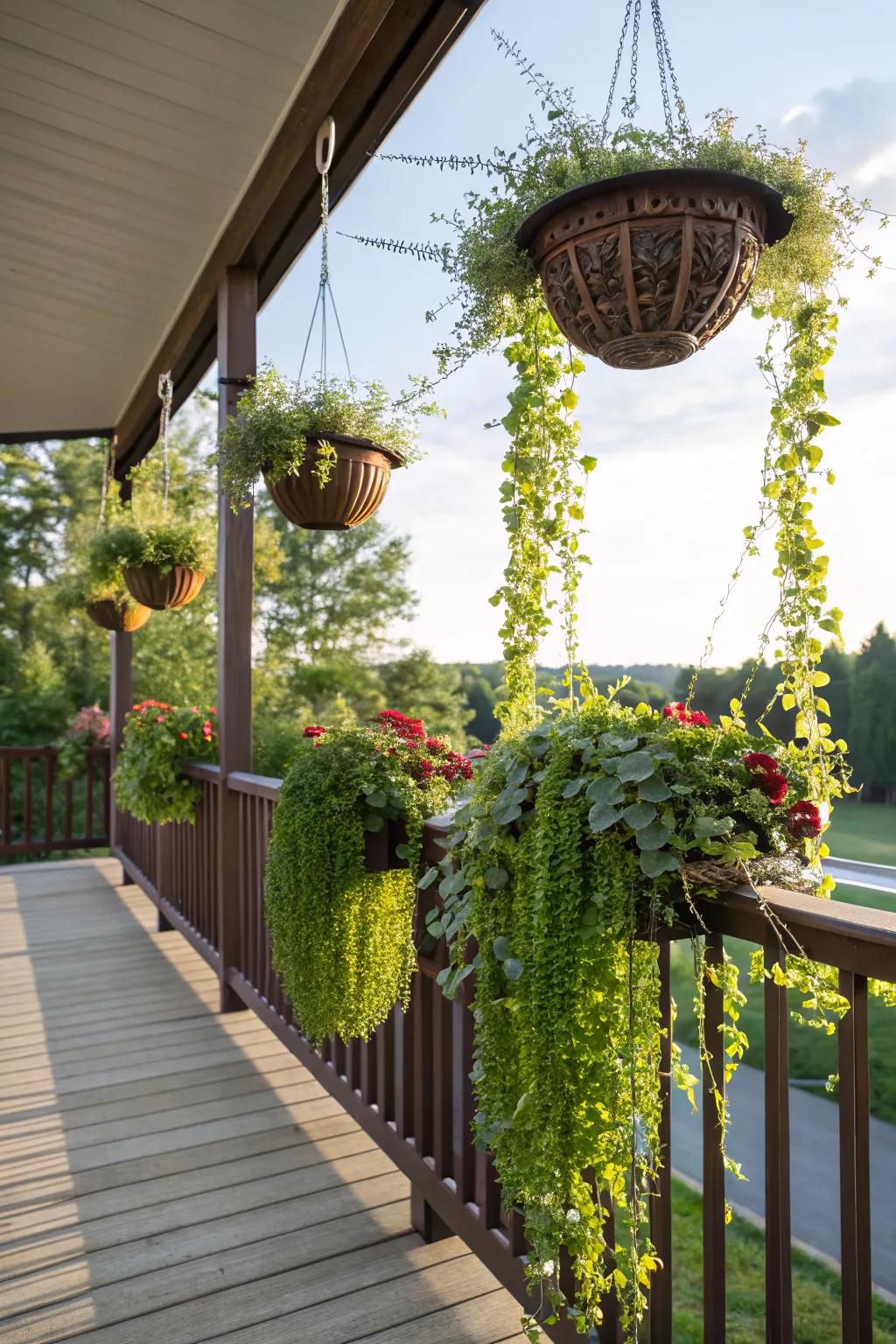 Hanging planters add vertical interest and lush greenery.