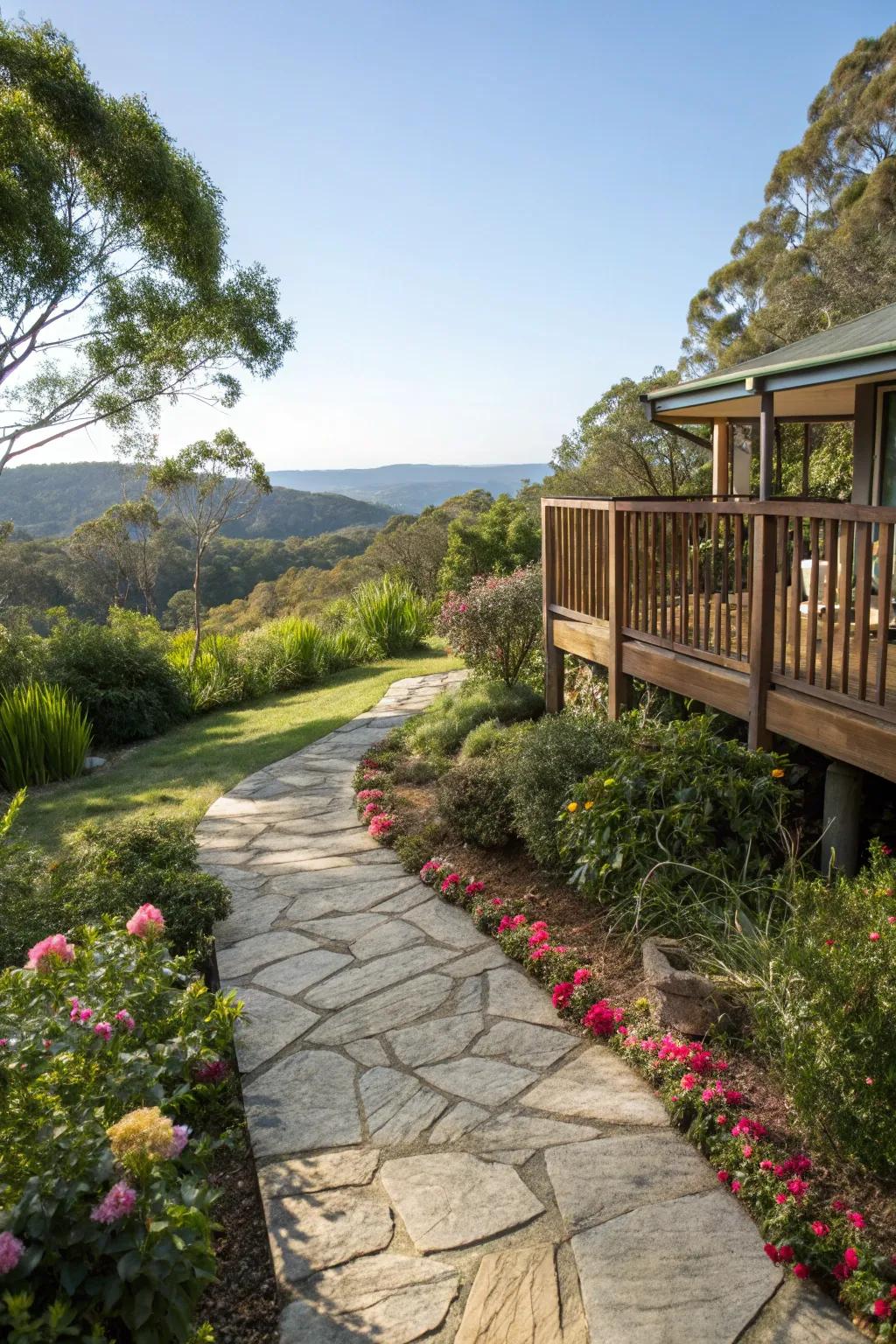 A decorative stone pathway leading to a beautiful deck.