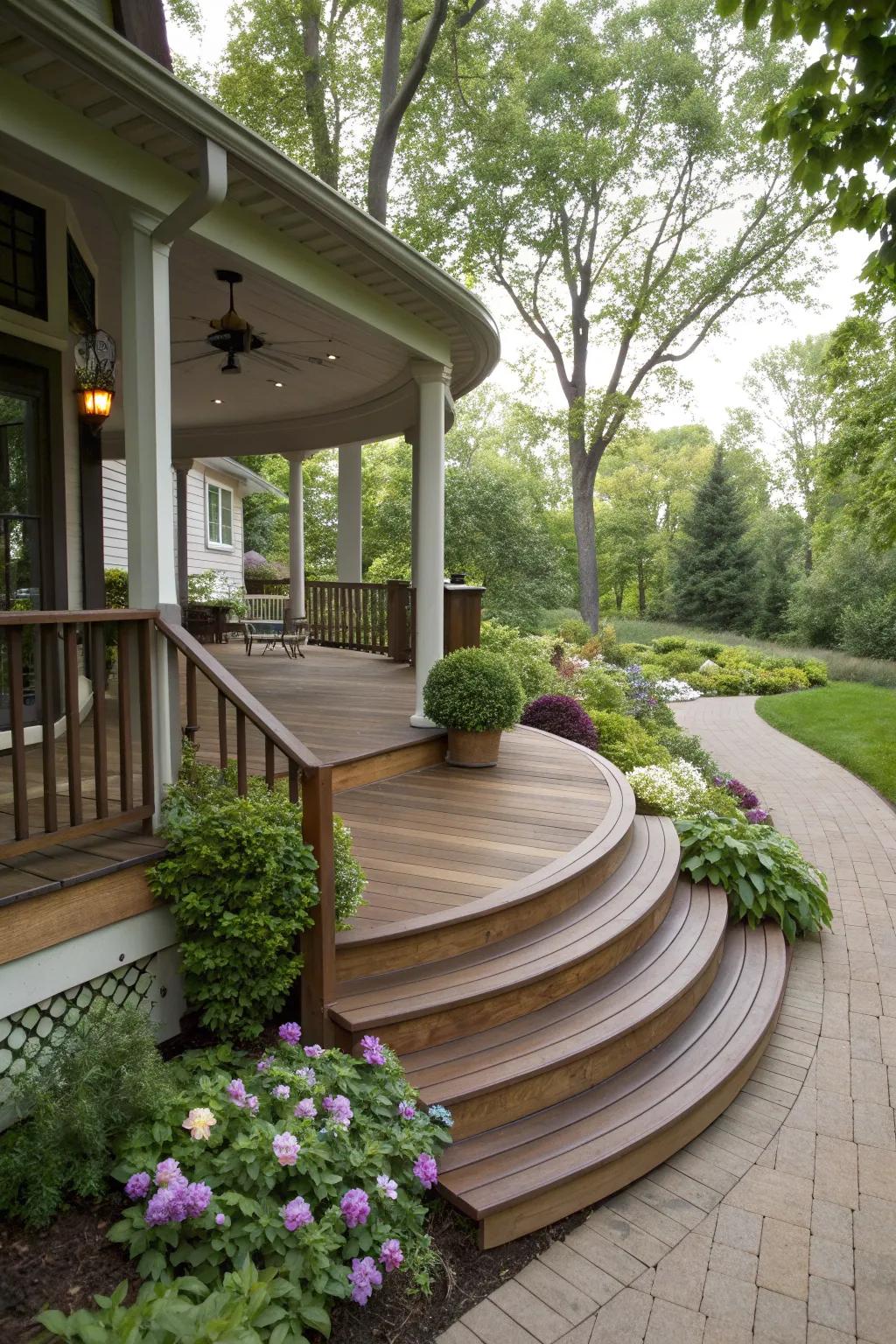 Deck landing featuring elegantly curved steps.