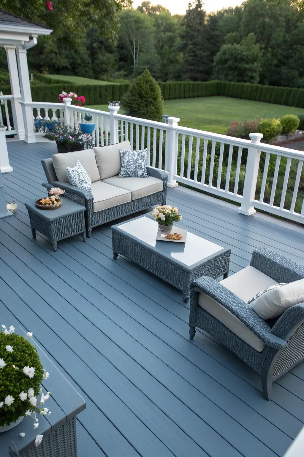 A slate blue deck offering a modern twist to traditional outdoor spaces.