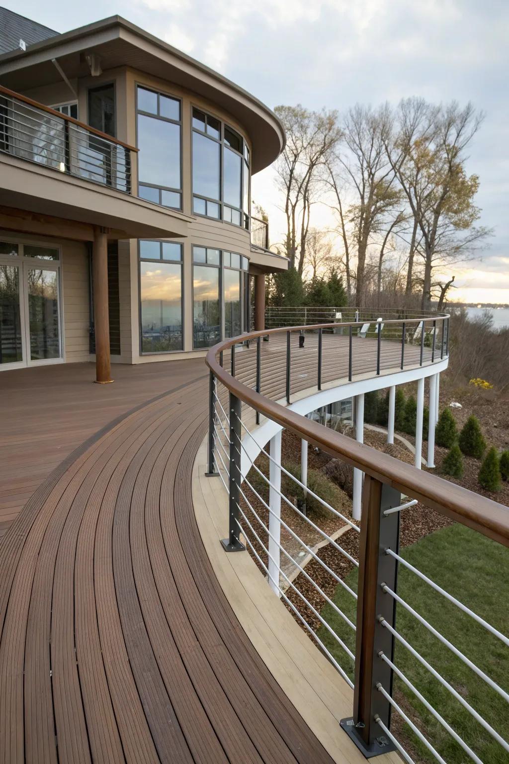 Curved designs on the deck create a soft and inviting flow, perfect for a modern aesthetic.