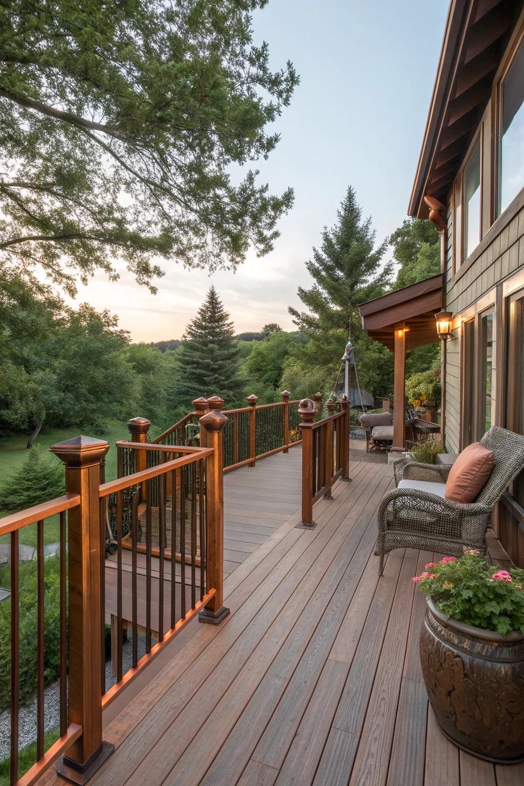 Copper railings add warmth and rustic charm to any deck.