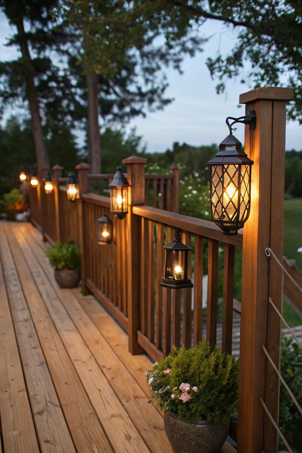 Lantern-style lights bring rustic charm to your deck.