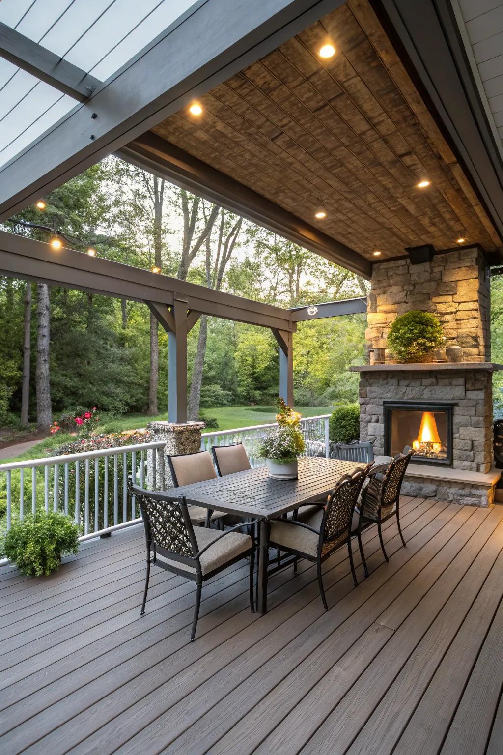 Create an entertainment-ready deck space with dining and a fireplace.