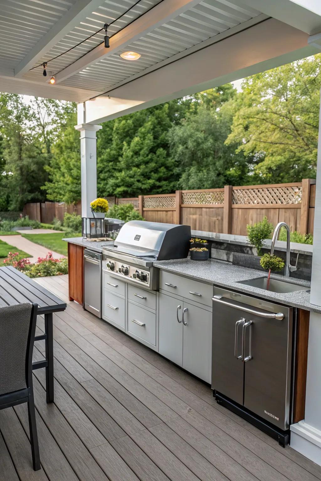 An outdoor kitchen on the deck, designed for seamless entertaining.
