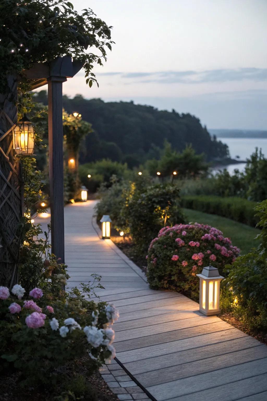 A walkway beautifully illuminated by subtle lighting accents.