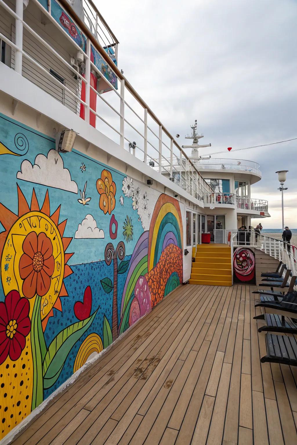 Artistic murals add vibrancy and personality to deck walls.