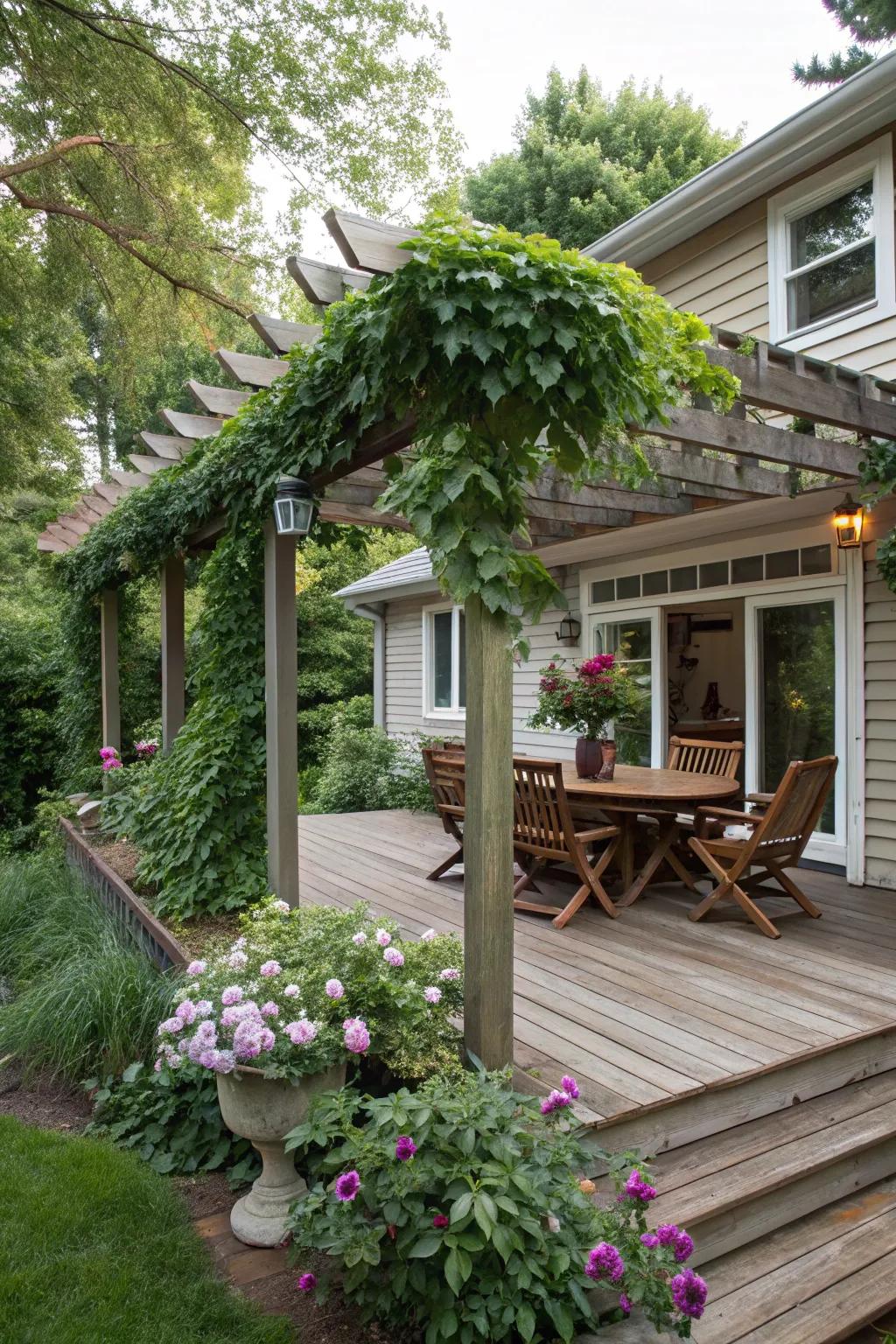 Hanging plants create a lush and inviting atmosphere.