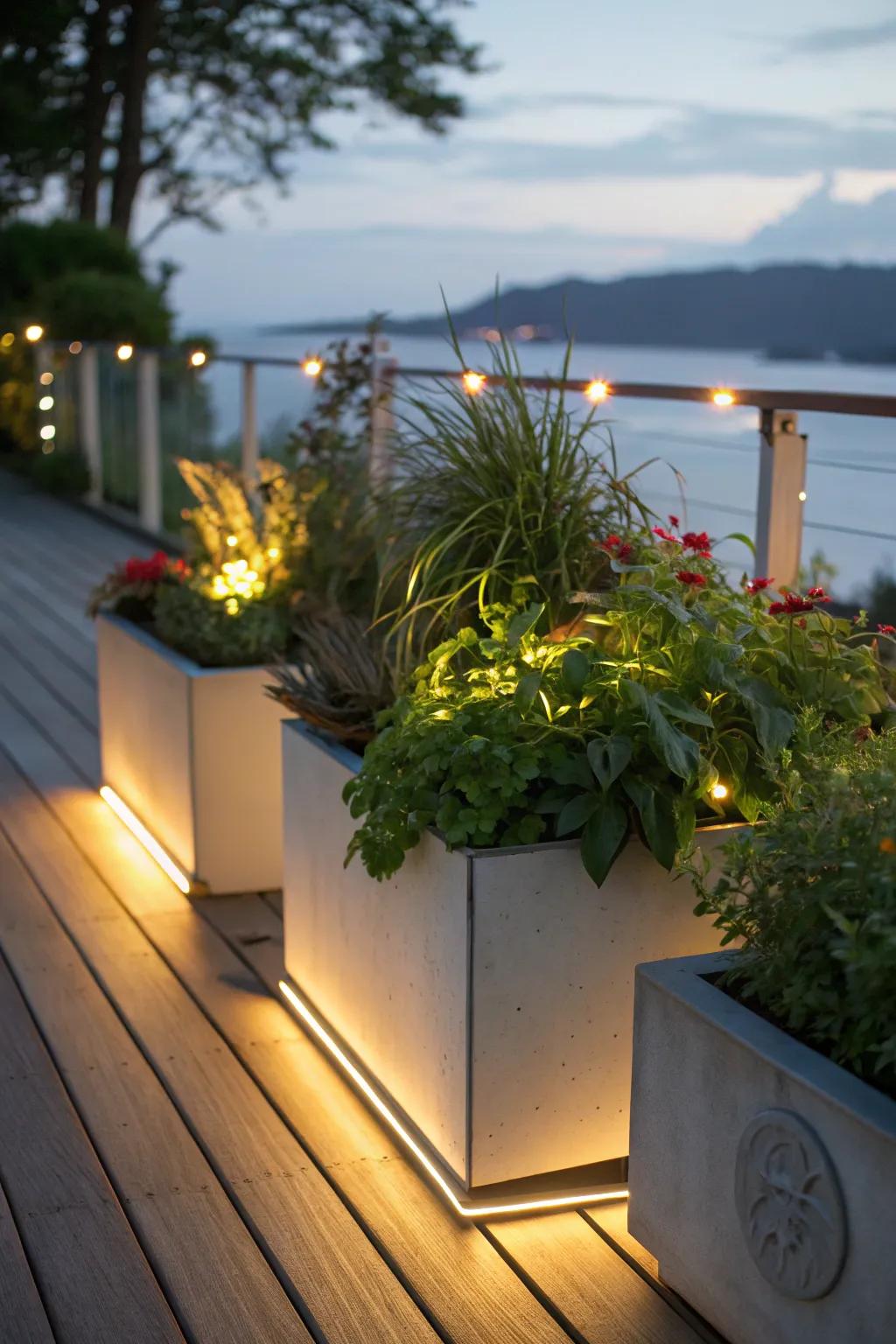 Built-in lighting in planters enhances nighttime ambiance.