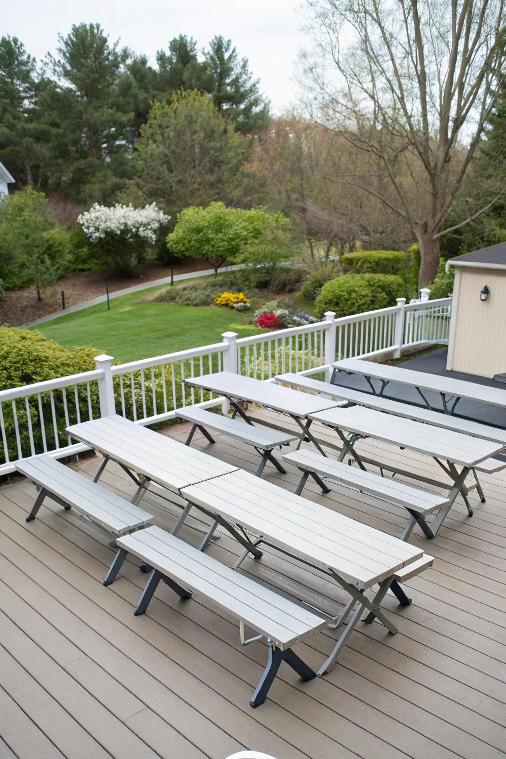 Folding benches provide flexible seating solutions.