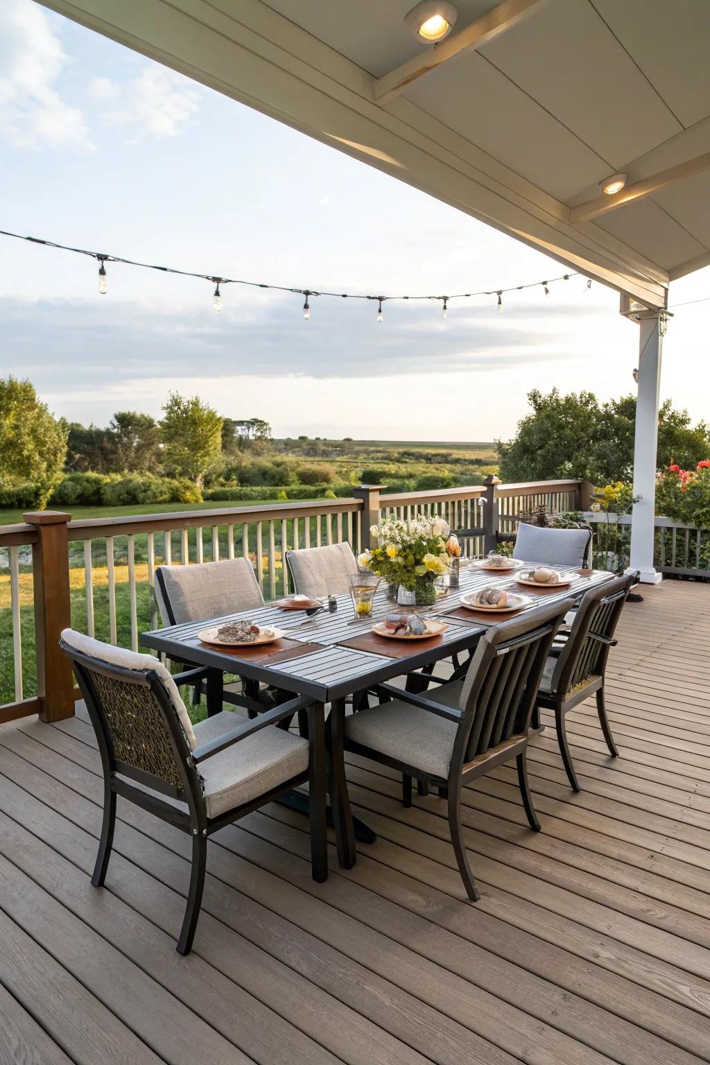 A deck designed for dining, featuring a spacious table setup for gatherings.