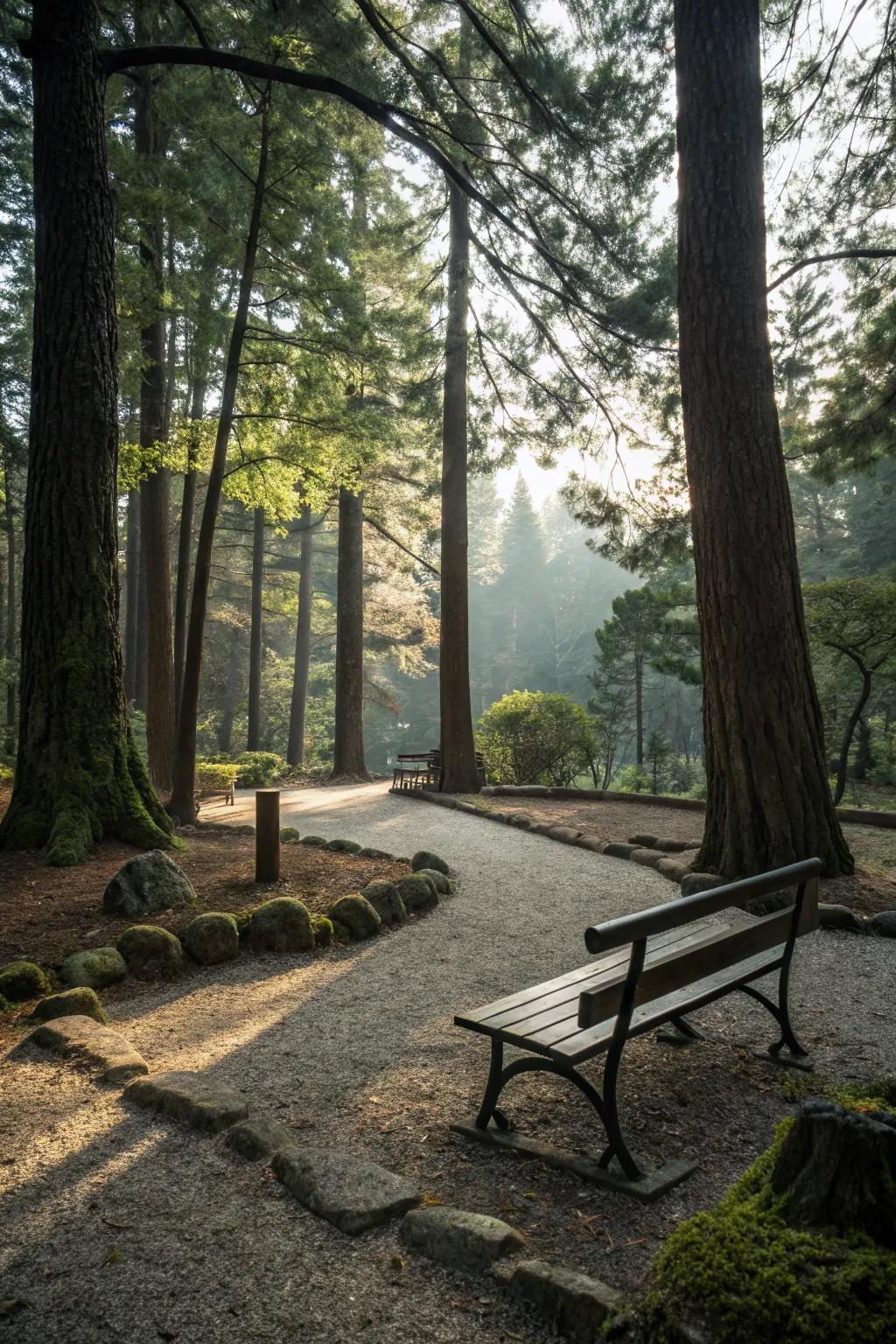 A decomposed granite meditation area offers tranquility.