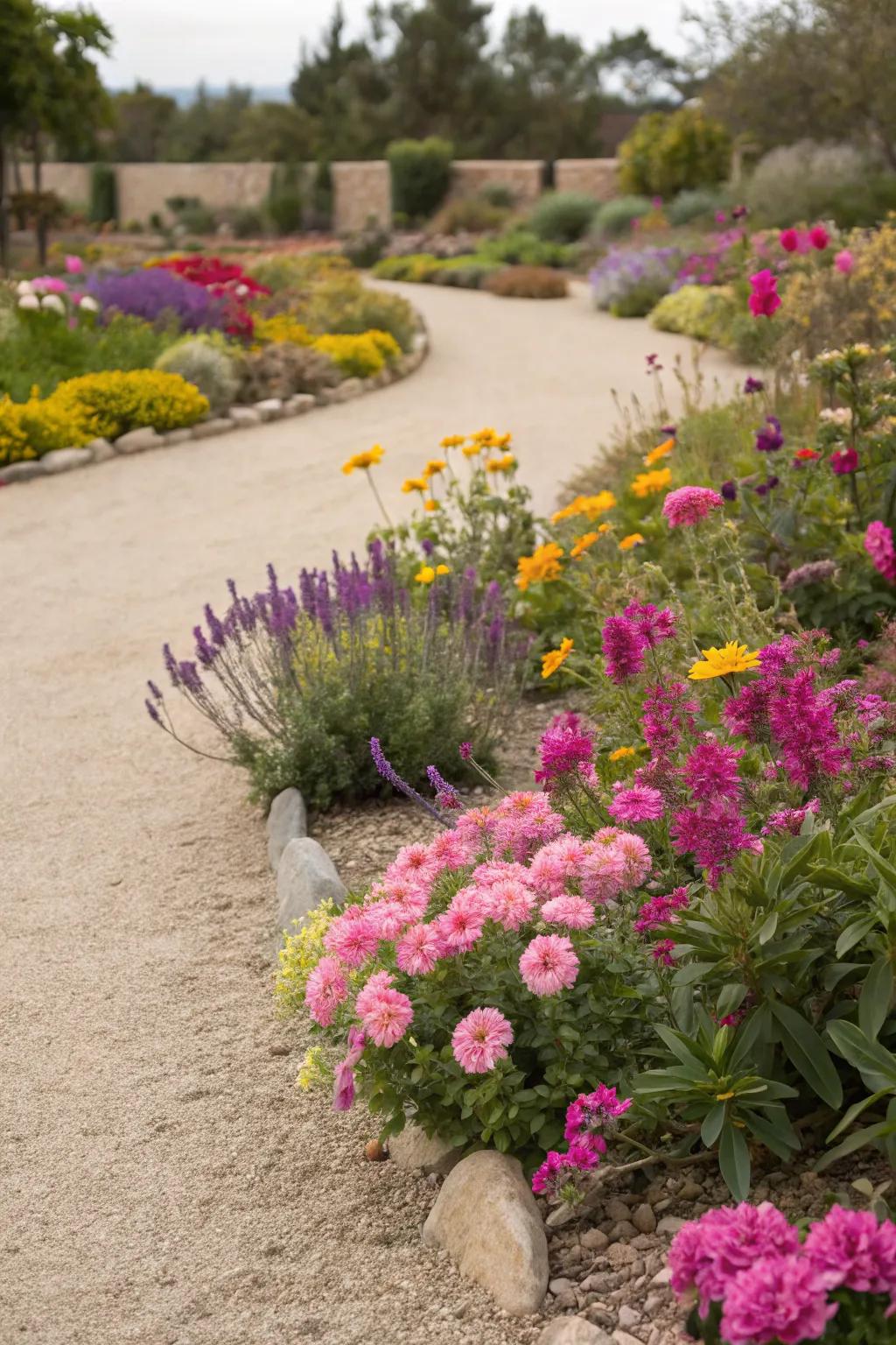 Vibrant flowers stand out against the neutral tones of decomposed granite.
