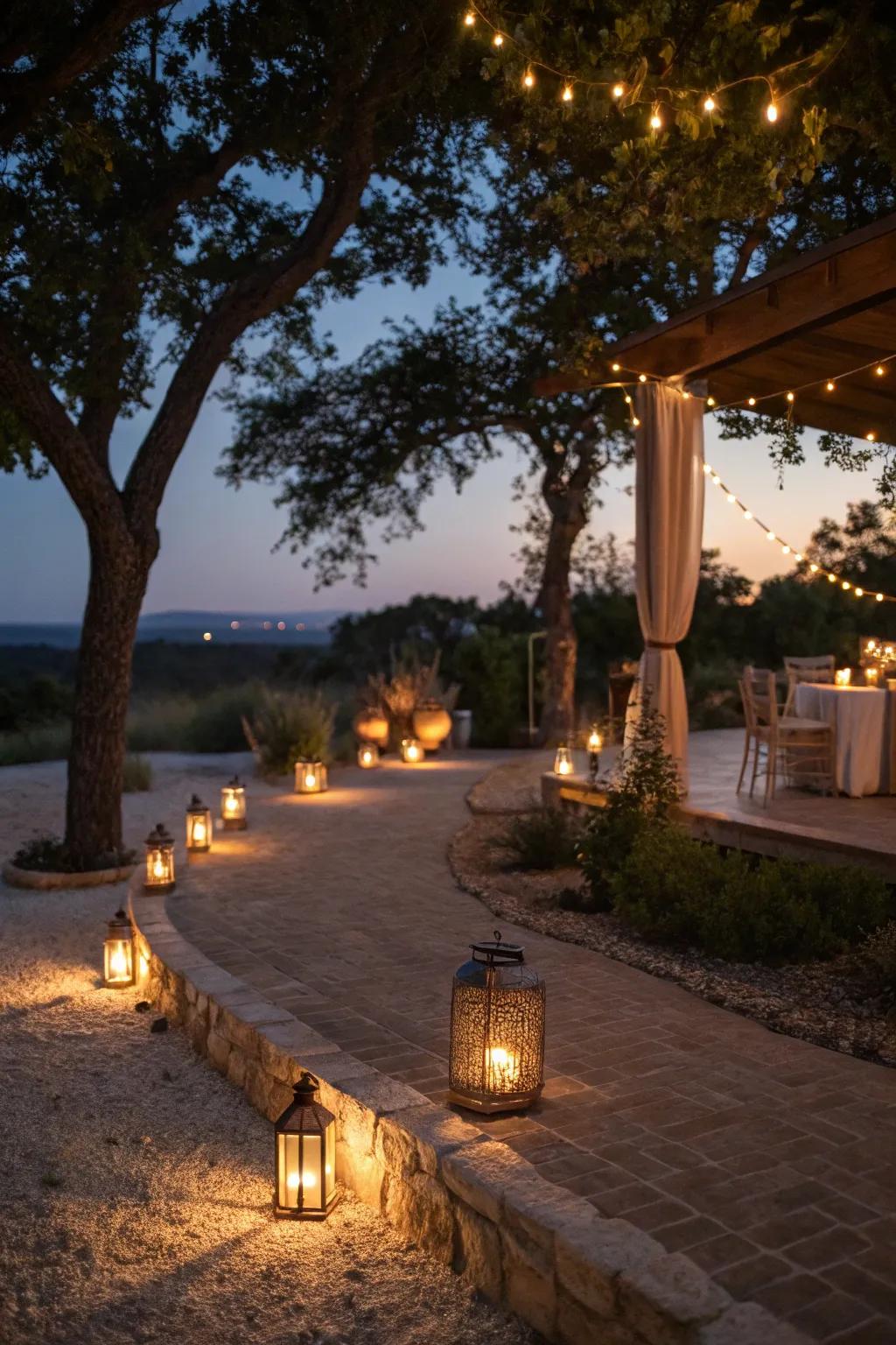 Ambient lighting transforms a decomposed granite patio at night.