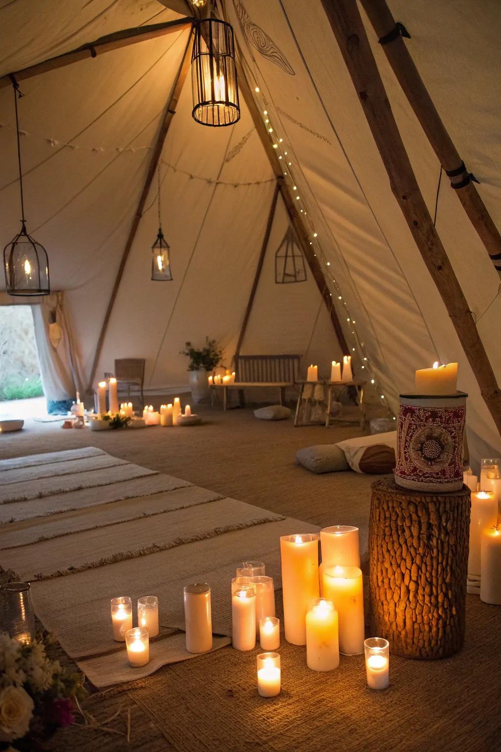 Flameless candles add warmth and safety to this tent's ambiance.