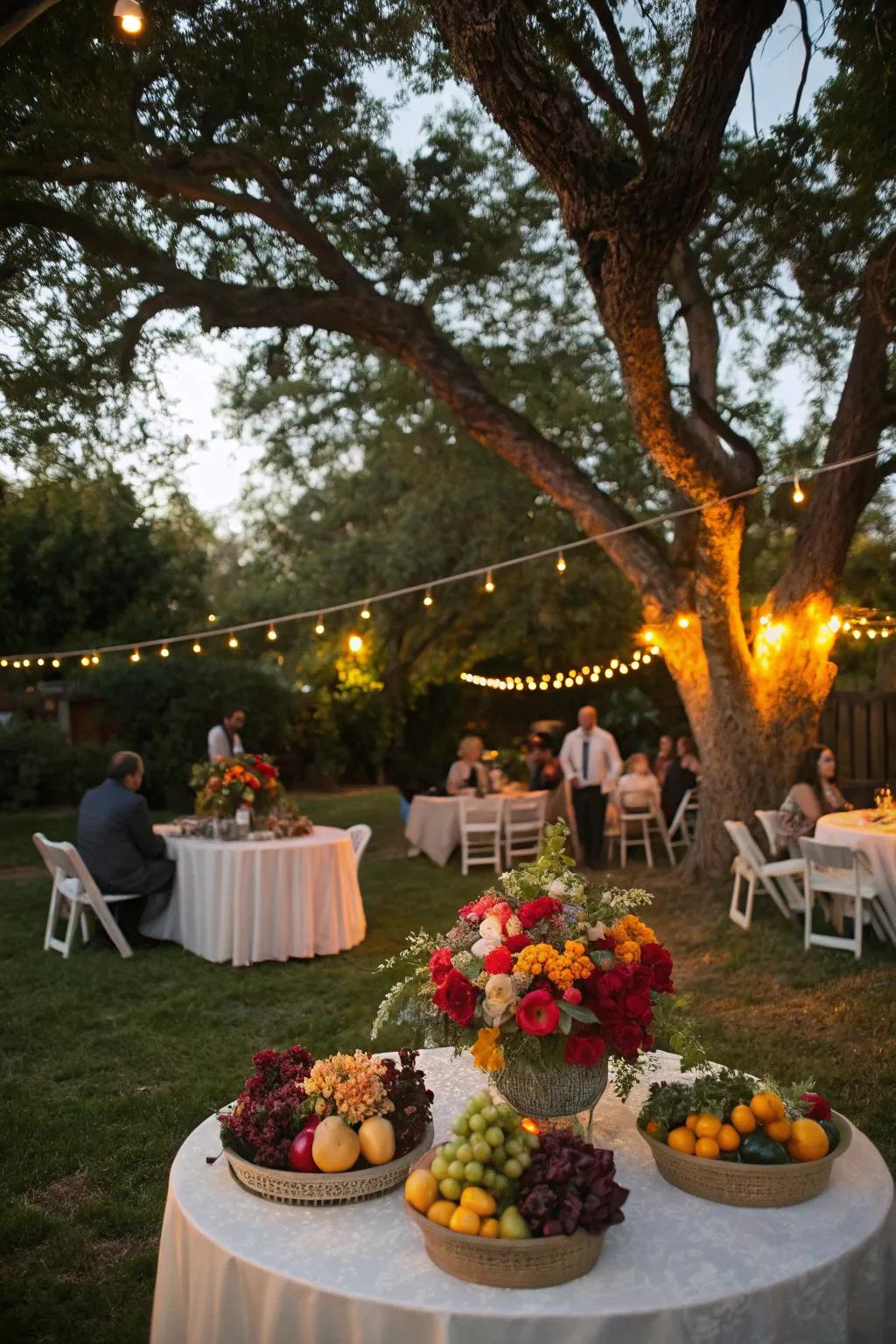 Fruit and floral centerpieces offer a colorful and fragrant addition to the tables.
