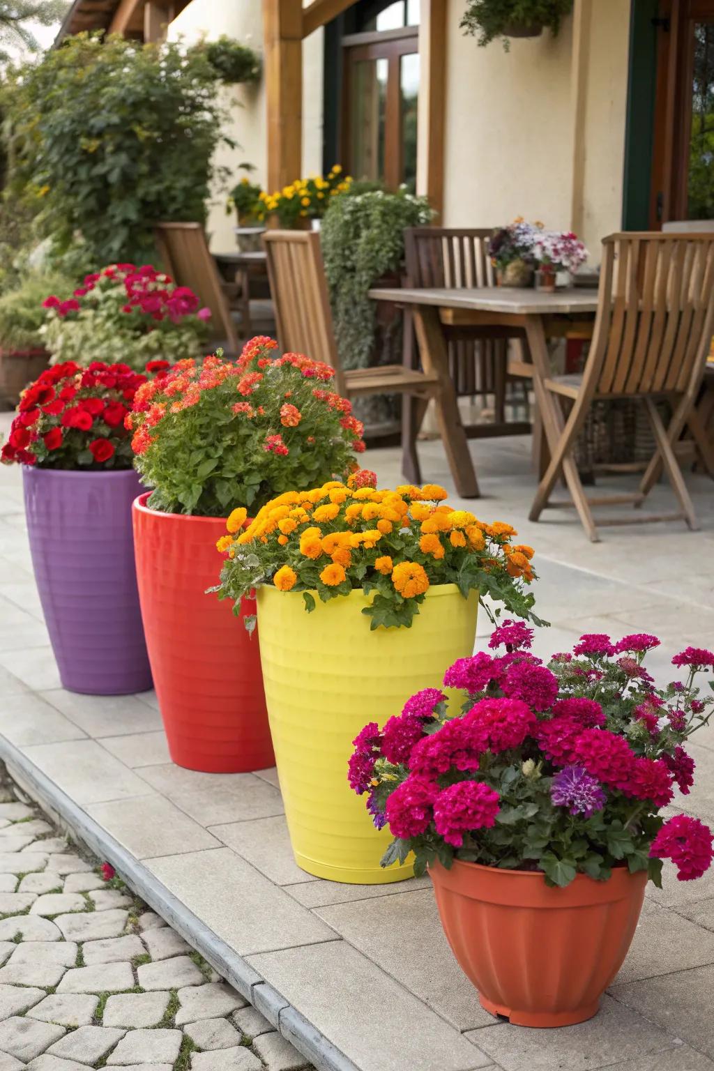 Bold colors and striking pots make a vibrant statement on the patio.