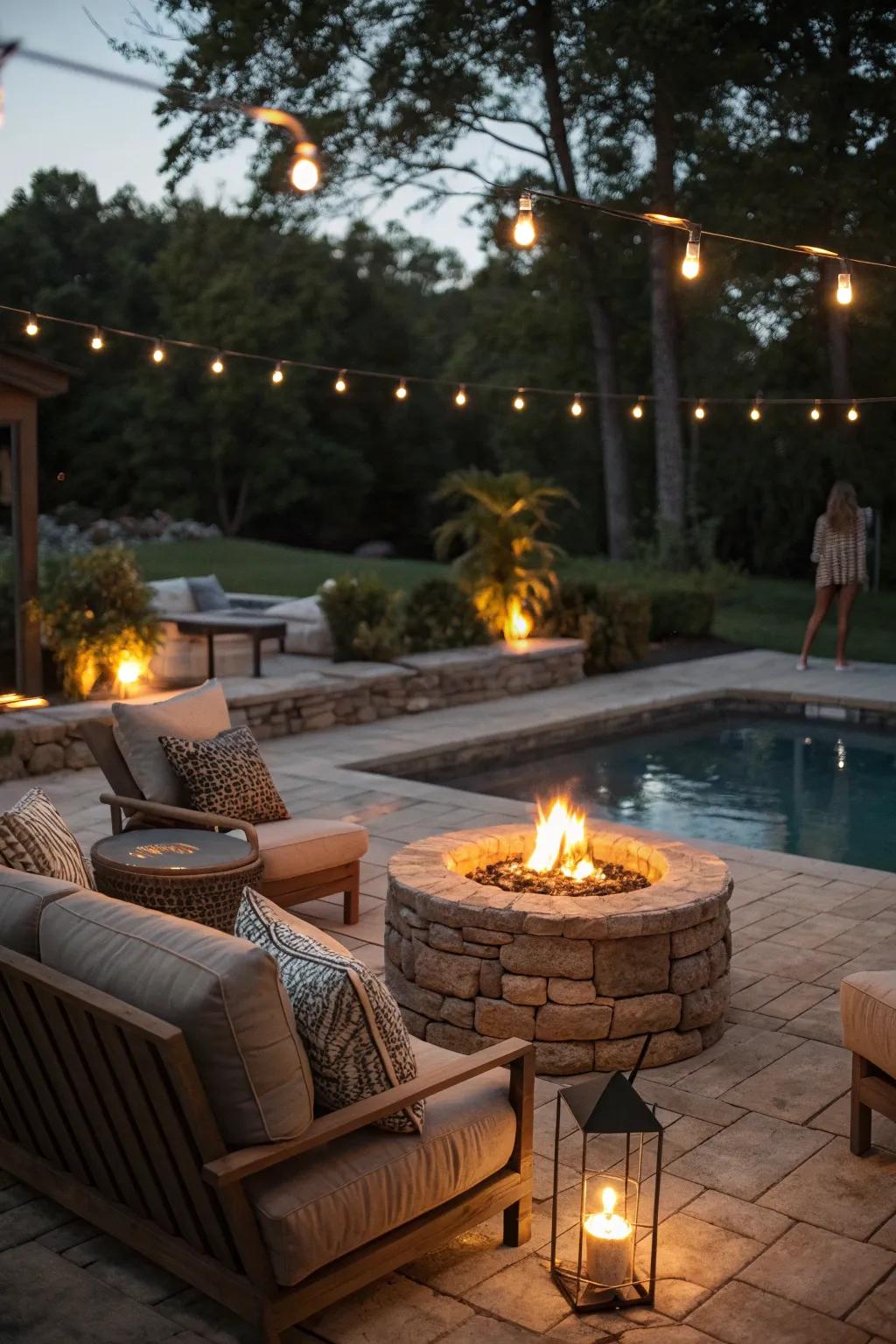 A DIY fire pit creates a warm focal point by the pool.