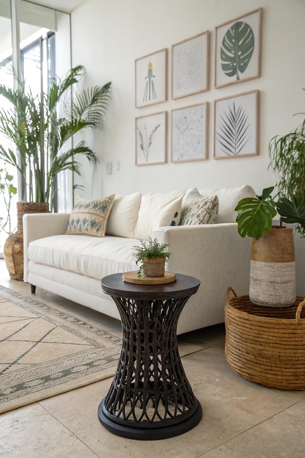 A modern living room where a garden stool adds a sleek accent next to the couch.