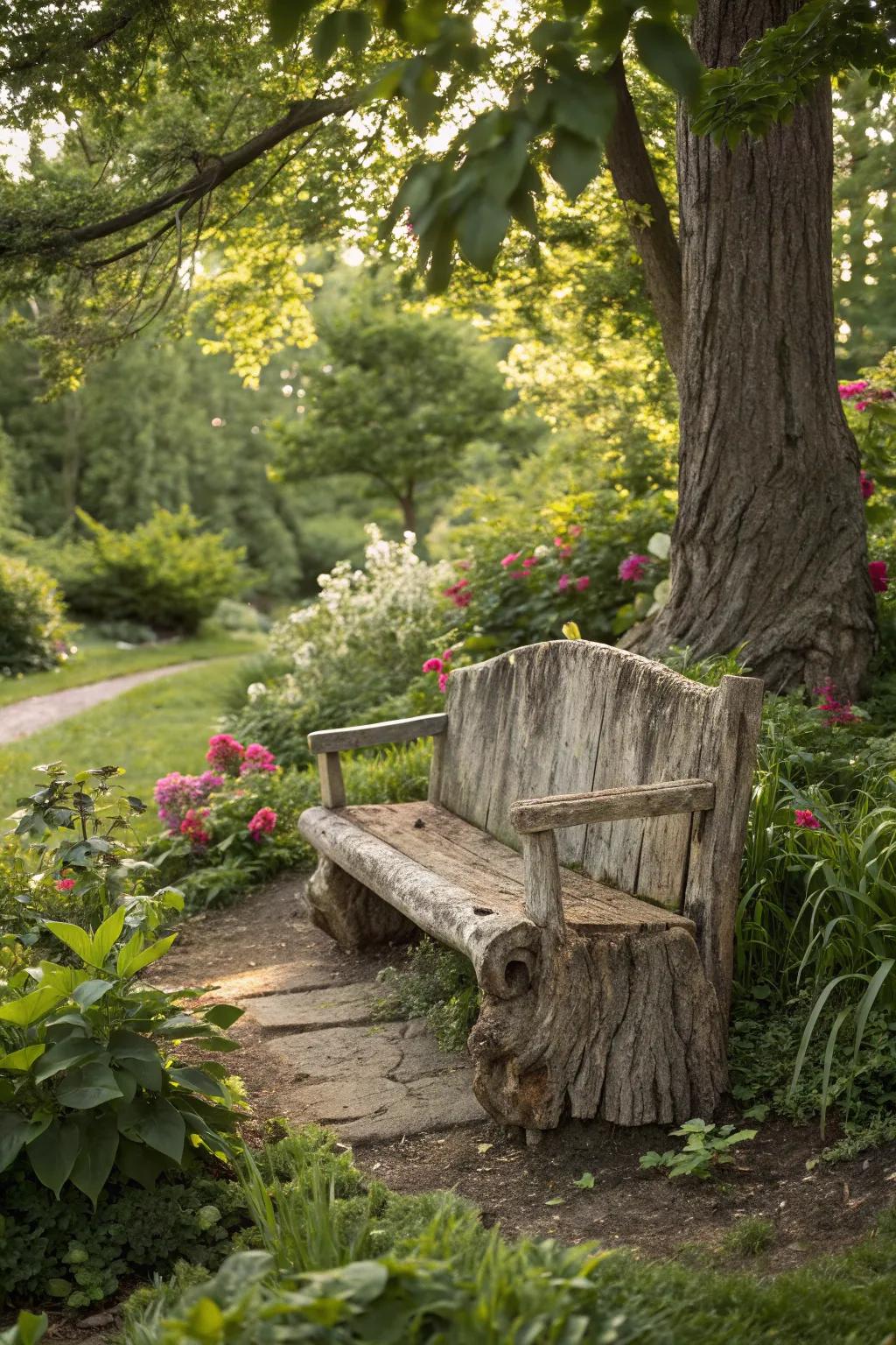 A tree-trunk bench offers a rustic, eco-friendly seating option.