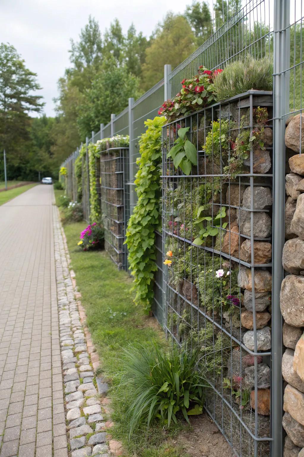 This gabion fence doubles as a vertical garden, providing extra green space in a compact area.