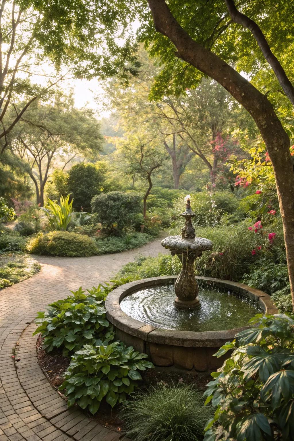 A small fountain brings tranquility to any garden space.
