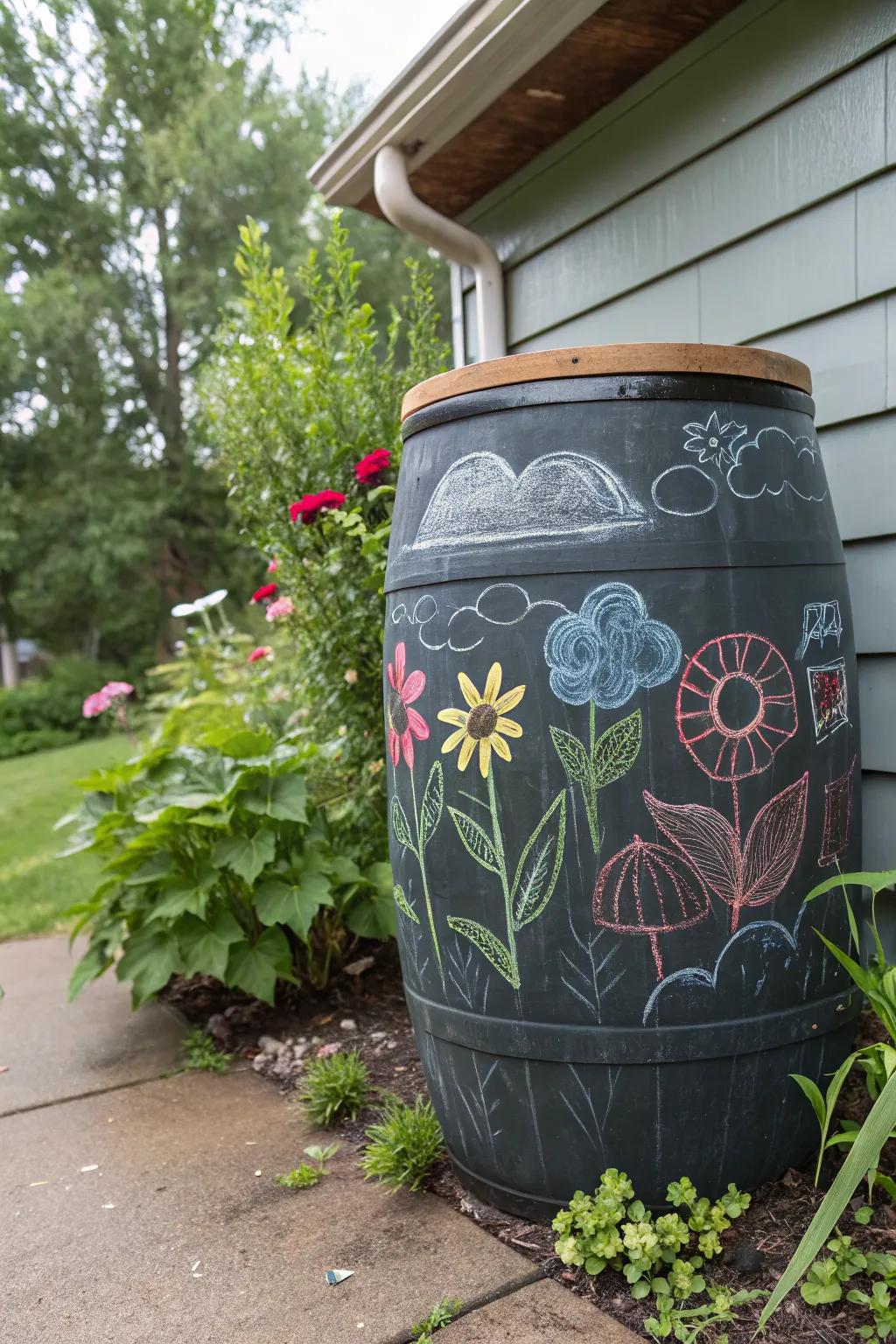 A rain barrel that doubles as a chalkboard canvas.
